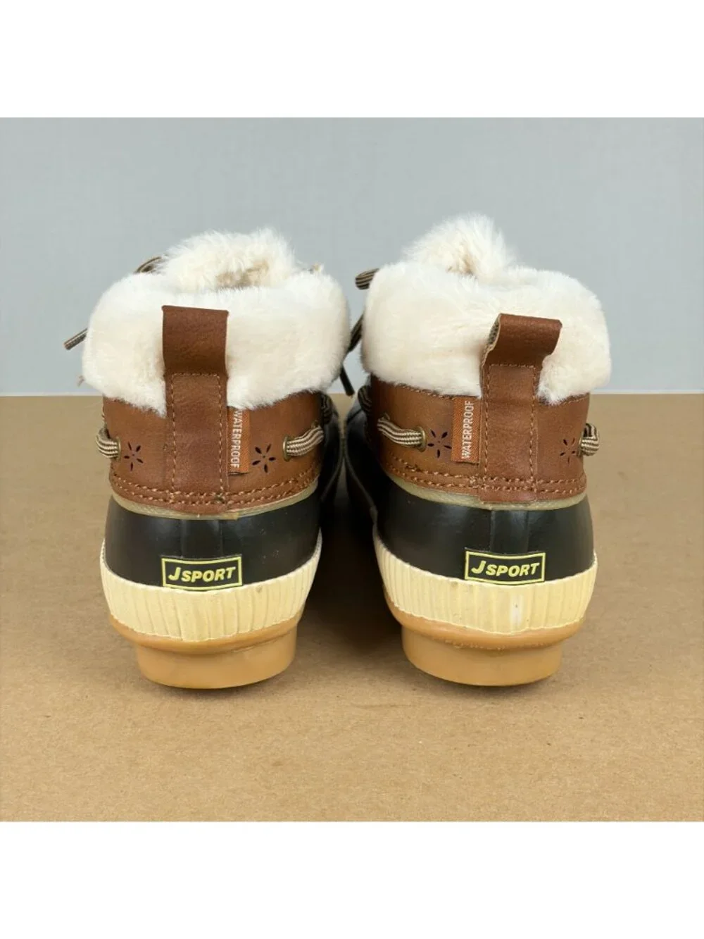Jambu JSport Mary Faux Fur Lined Duck Boots Womens 8 Black Brown Cream Lace Up